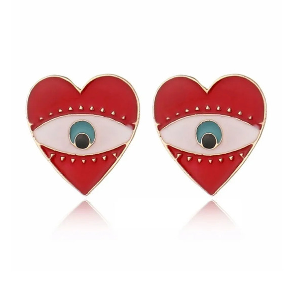 NEW! Boho Red Enamel Heart Evil Eye Stud Earrings - Picture 7 of 7